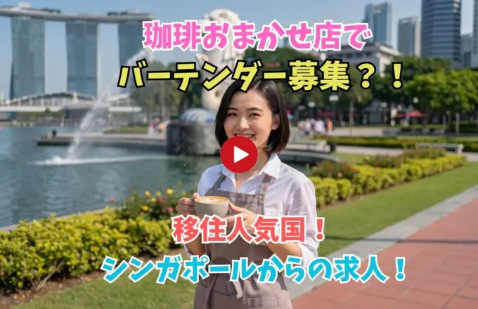 屋外の公園でコーヒーを持つ女性のYouTube風サムネイル。背景に高層ビルと噴水、色とりどりの日本語文字が重なる。再生アイコン付き。