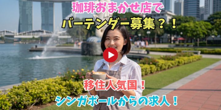 屋外の公園でコーヒーを持つ女性のYouTube風サムネイル。背景に高層ビルと噴水、色とりどりの日本語文字が重なる。再生アイコン付き。